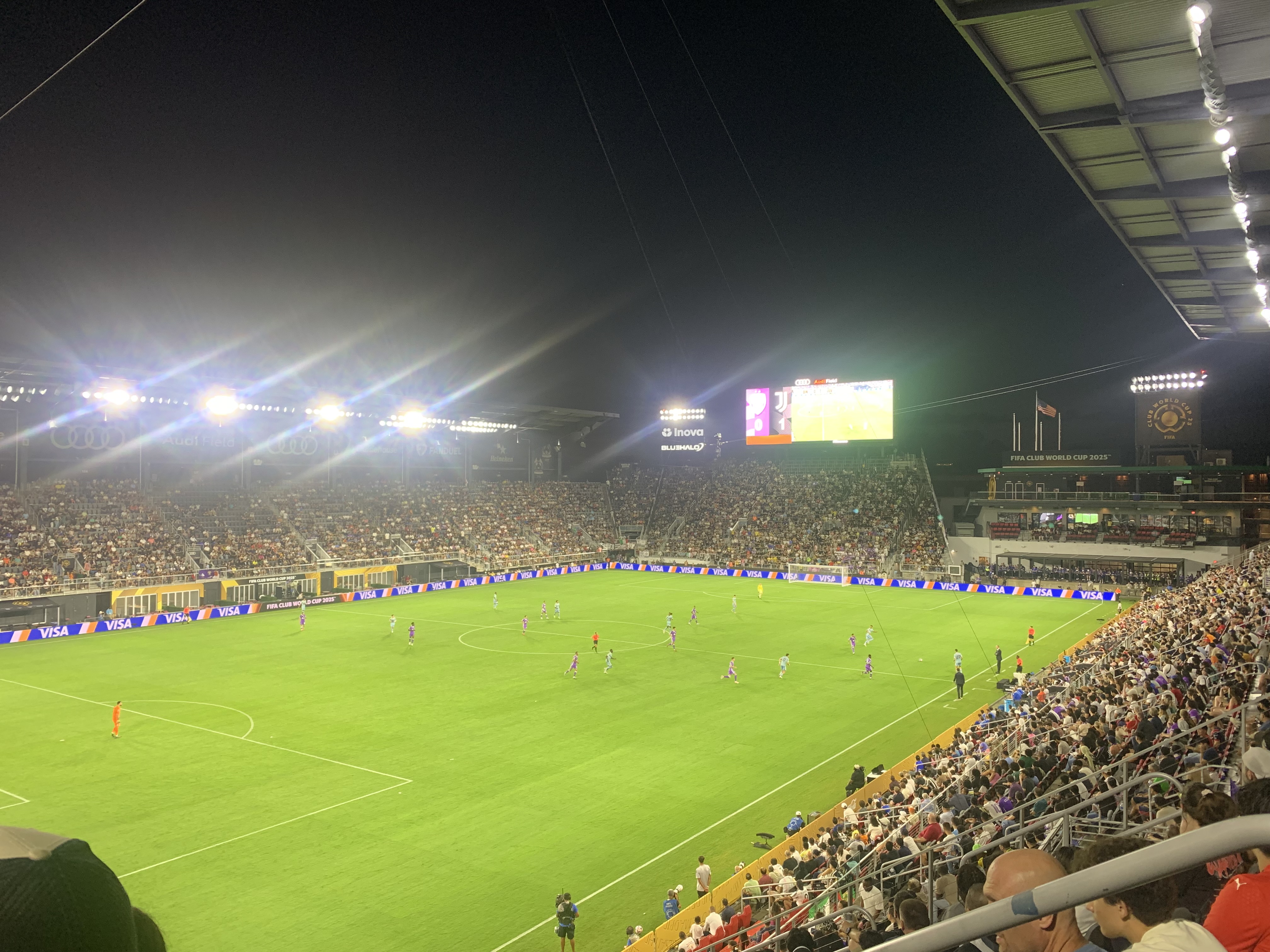 view of Audi Field pitch from an upper corner in the stands