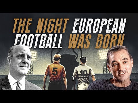 text "the night European football was born" over the image of two soccer players from opposing teams with their backs to the camera and with the stadium and flood lights in the distance. On the far left and on the far light of the image are headshots of two men, the one on the left in black and white and the one on the right in color. 